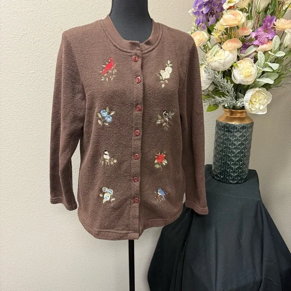 BonWorth Petite Brown Embroidered Bird Floral Button Cardigan Sweater M - Picture 1 of 7